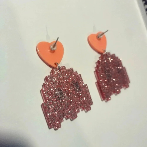 Glittery Pink Ghost Dangle Earrings (Pacman Style) - Picture 6 of 8